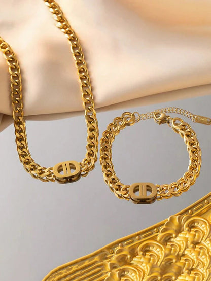 Women Gold Chain Necklace & Bracelet Set – Luxury Cuban Link Jewelry Set