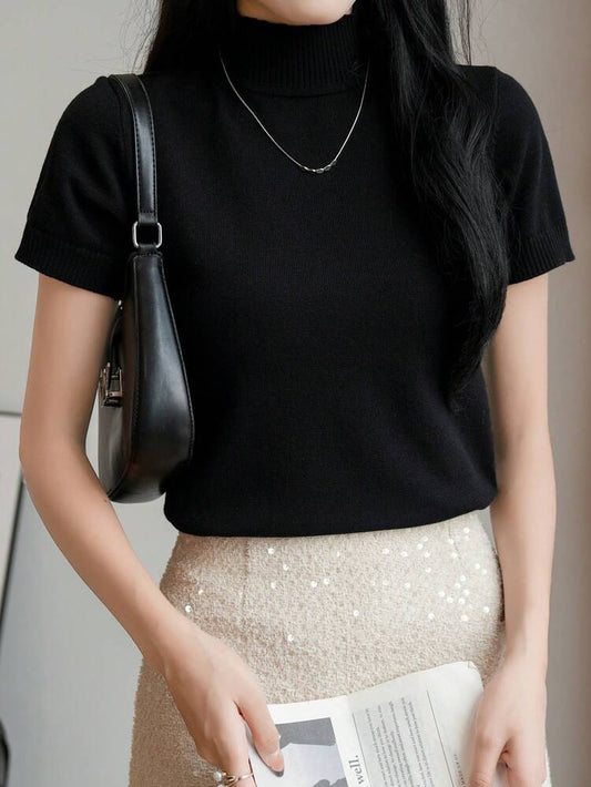 Ribbed High Neck Short Sleeve Fitted Top – Black