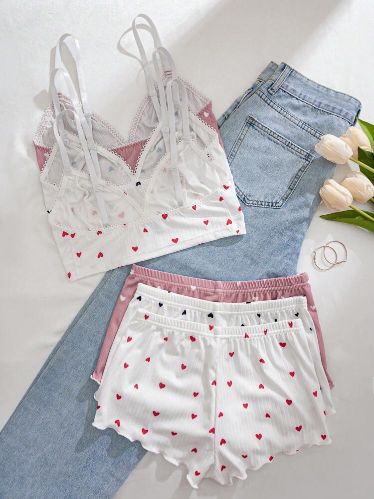 3-Pack Heart Print Cami Top & Shorts Pajama Set for Women – Soft Ribbed Sleepwear – Cute Lounge Set – Shein Style Nightwear