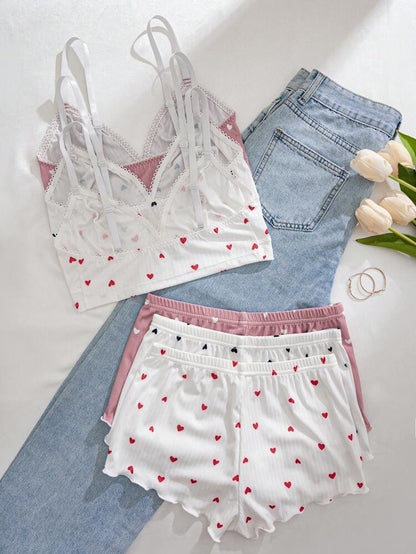 3-Pack Heart Print Cami Top & Shorts Pajama Set for Women – Soft Ribbed Sleepwear – Cute Lounge Set – Shein Style Nightwear