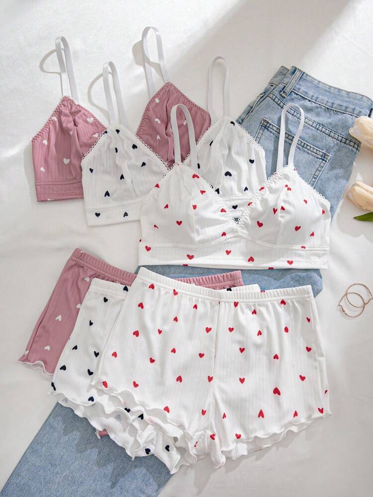 3-Pack Heart Print Cami Top & Shorts Pajama Set for Women – Soft Ribbed Sleepwear – Cute Lounge Set – Shein Style Nightwear