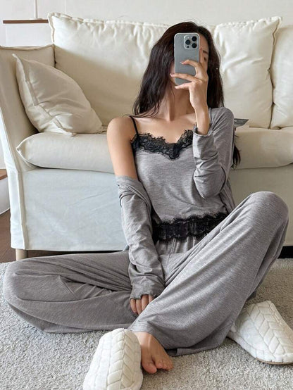 Women’s Gray Lace Trim 3 Piece Lounge Set – Cami Top, Wide Leg Pants & Open Front Cardigan
