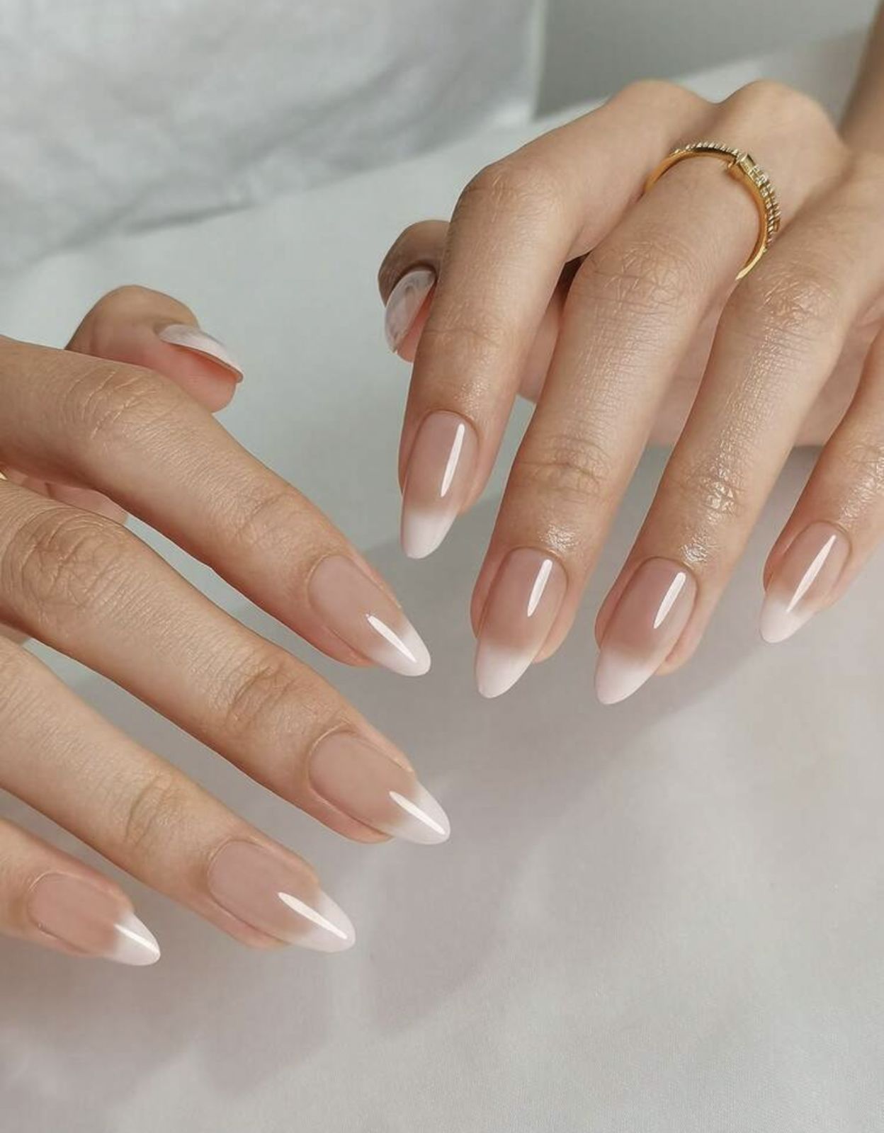 24-Piece Ombre French Press-On Nails – Nude White Almond Fake Nails – Glossy Elegant Manicure Set