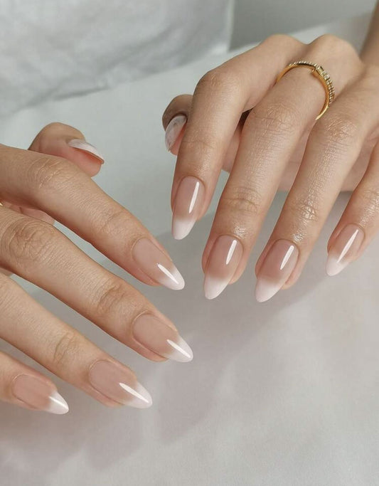 24-Piece Ombre French Press-On Nails – Nude White Almond Fake Nails – Glossy Elegant Manicure Set