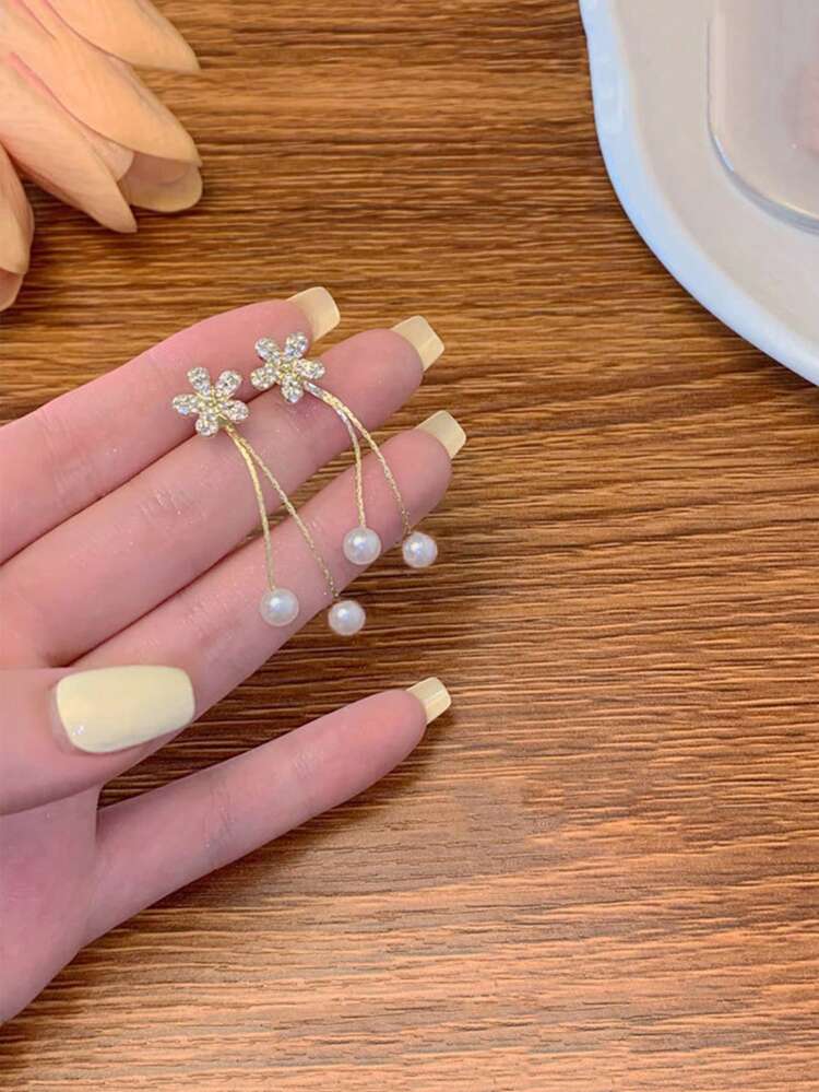 Floral Pearl Drop Earrings – Crystal Flower Stud Earrings with Pearl Tassel for Women
