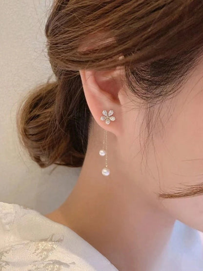 Floral Pearl Drop Earrings – Crystal Flower Stud Earrings with Pearl Tassel for Women
