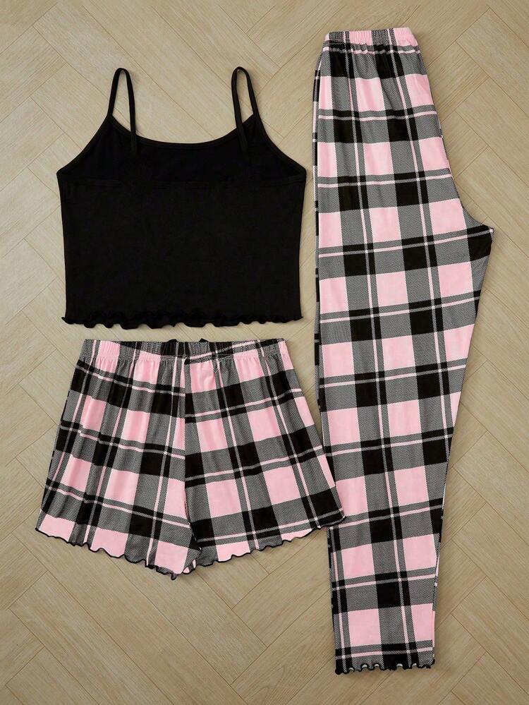 Women’s Sleeping Print 3 Piece Pajama Set – Black Cami with Pink Plaid Shorts & Pants Sleepwear Set
