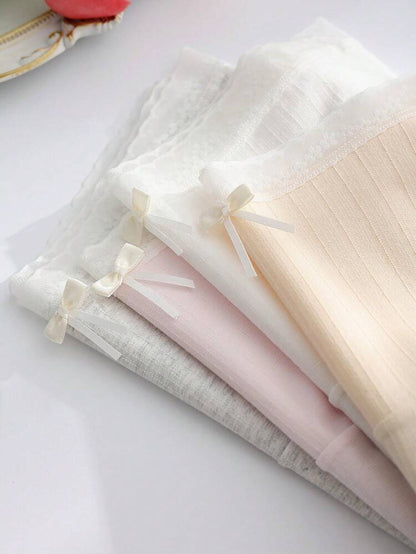 4 Pcs Cotton Lace Trim Panties Set for Women – Soft Mid Waist Ribbed Briefs with Bow Detail – Shein Style