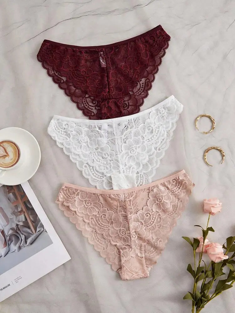 Women Lace Briefs Set 3 Pieces â€“ Shein Style Floral Lace Panties