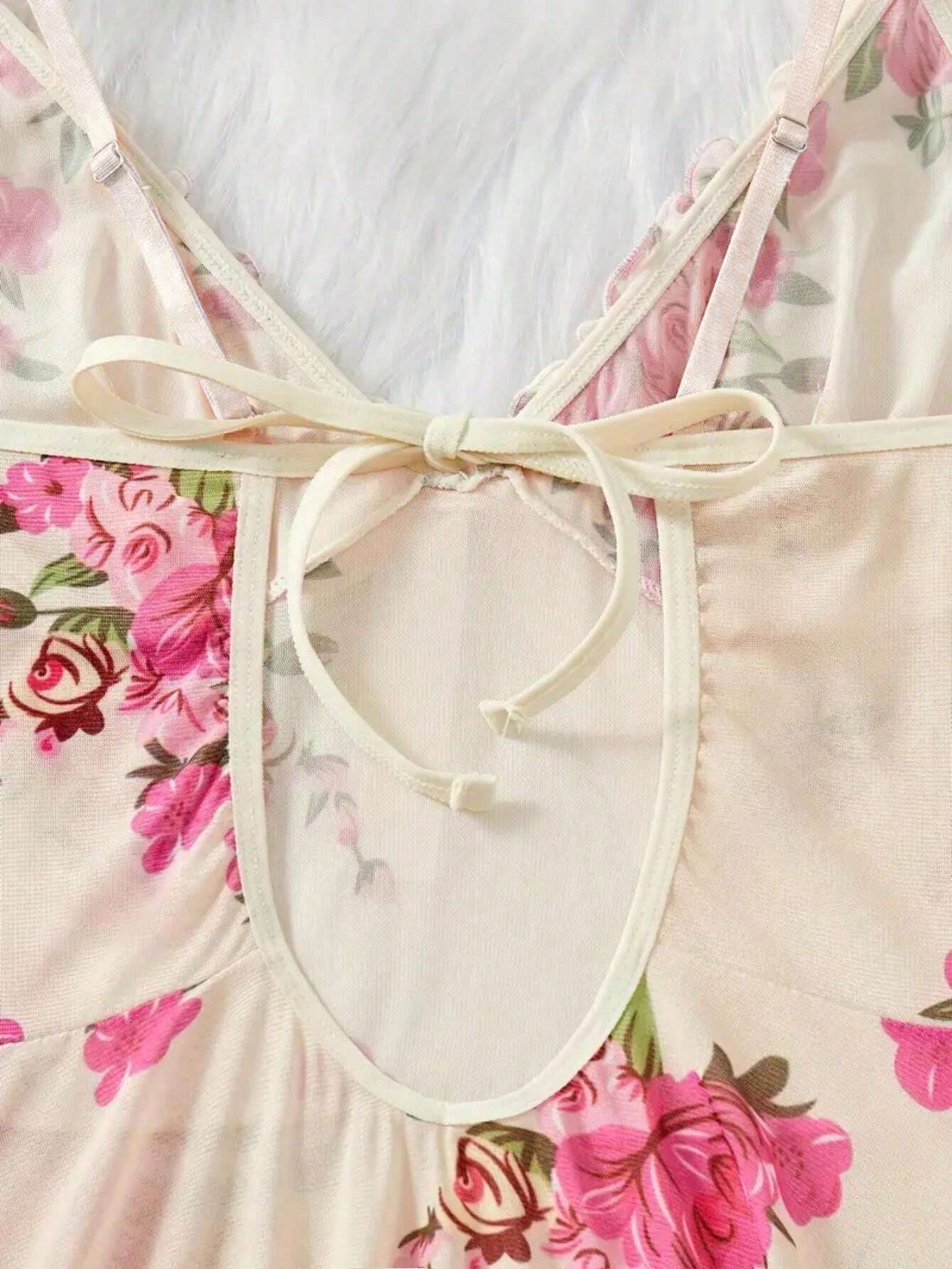 SHEIN Cream Floral Mesh Cami Nightdress Set - SHEIN Fast Delivery in 5 Days