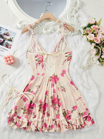 SHEIN Cream Floral Mesh Cami Nightdress Set - SHEIN Fast Delivery in 5 Days