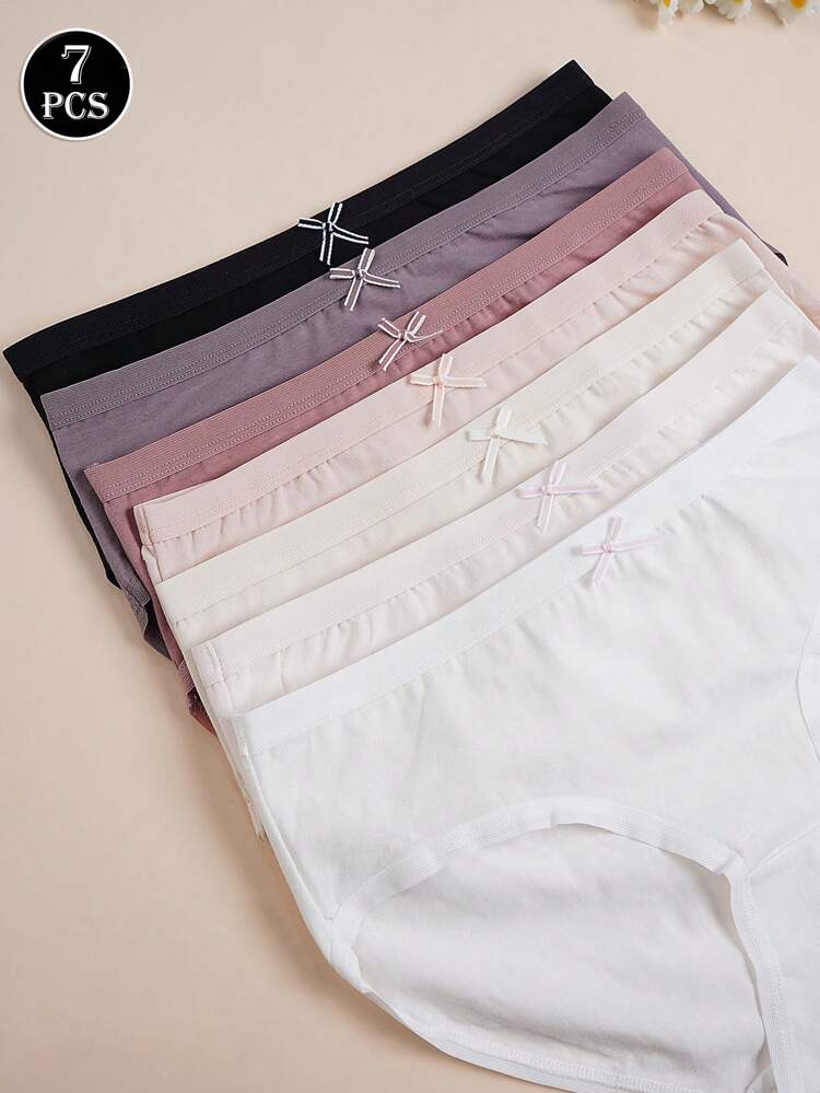 7 Pcs Solid Color Cotton Panties Set for Women – Soft Mid Waist Everyday Briefs with Bow Detail – Shein Style
