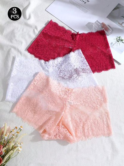 3-Pack Floral Lace Boyshort Panties for Women – Soft Stretch Lingerie – Full Lace Briefs – Shein Style Underwear Set