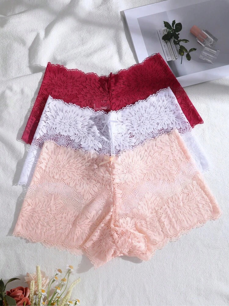 3-Pack Floral Lace Boyshort Panties for Women – Soft Stretch Lingerie – Full Lace Briefs – Shein Style Underwear Set