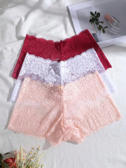 3-Pack Floral Lace Boyshort Panties for Women – Soft Stretch Lingerie – Full Lace Briefs – Shein Style Underwear Set