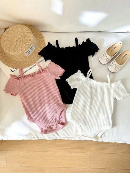 Baby Girl Ribbed Off-Shoulder Bodysuit – Ruffle Trim Short Sleeve Romper