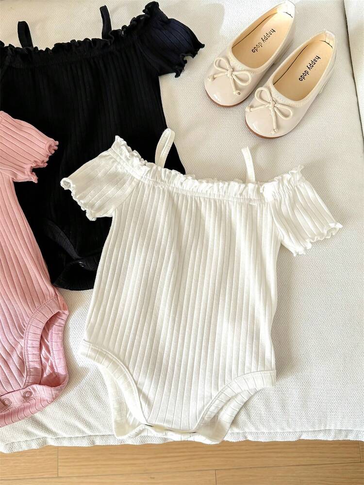 Baby Girl Ribbed Off-Shoulder Bodysuit – Ruffle Trim Short Sleeve Romper