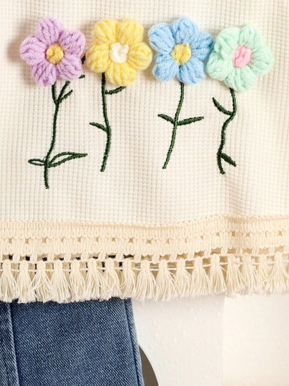 Girls Cream Flower Embroidery Top & Denim Shorts