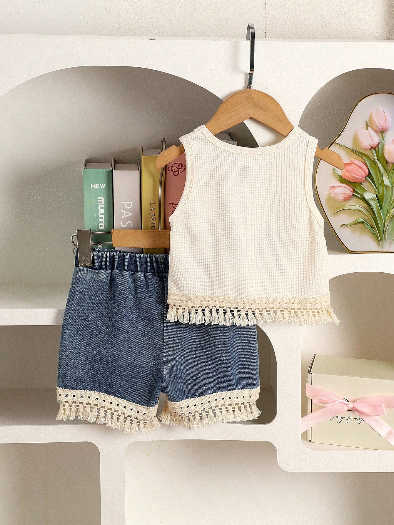 Girls Cream Flower Embroidery Top & Denim Shorts