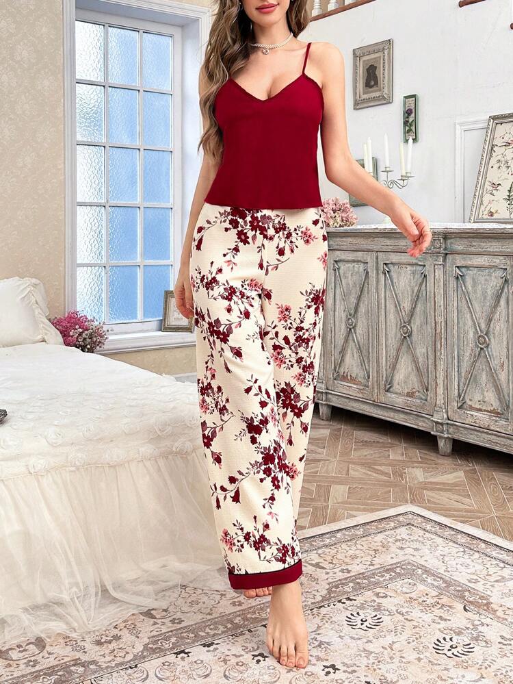 Women’s Red Satin Cami & Floral Lounge Pants Set – Elegant Two Piece Pajama Set
