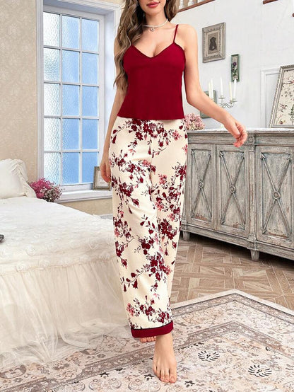 Women’s Red Satin Cami & Floral Lounge Pants Set – Elegant Two Piece Pajama Set