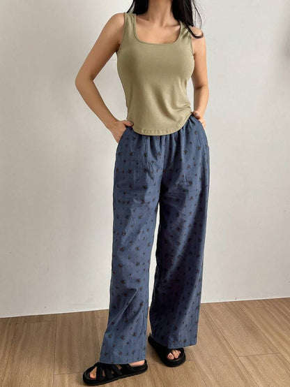 Women’s Olive Tank Top & Blue Floral Lounge Pants Set – Soft Casual Two Piece Pajama Set