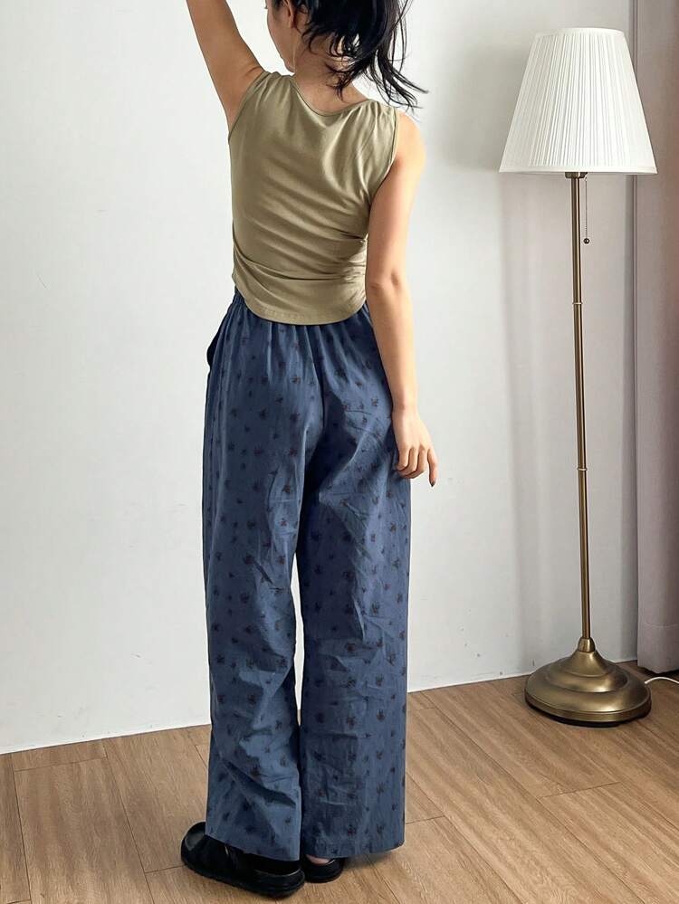 Women’s Olive Tank Top & Blue Floral Lounge Pants Set – Soft Casual Two Piece Pajama Set