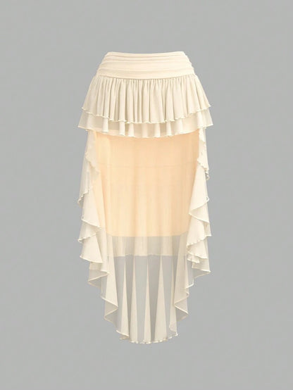 Women Layered Chiffon Ruffle Skirt – High Low Elegant Maxi Skirt