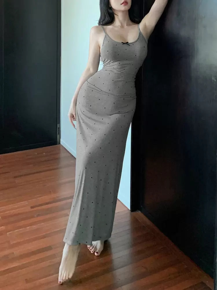 Grey Polka Dot Cami Lounge Maxi Dress – Ruched Bodycon Sleep Dress for Women