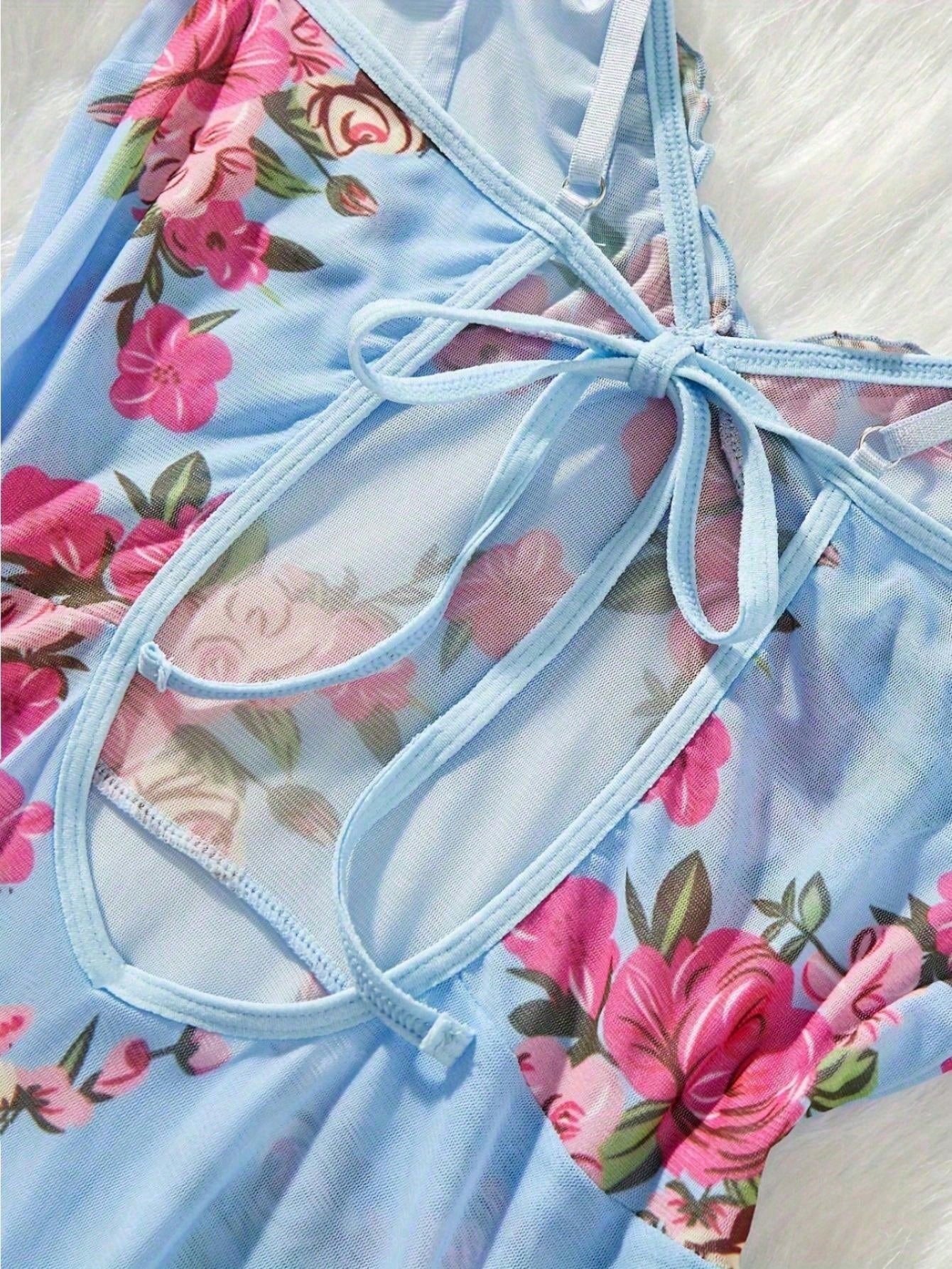 SHEIN Blue Floral Lace Trim Cami Nightdress Set - SHEIN Fast Delivery in 5 Days