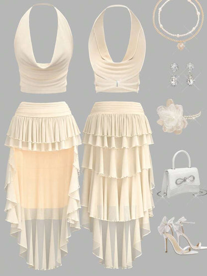 Women Layered Chiffon Ruffle Skirt – High Low Elegant Maxi Skirt
