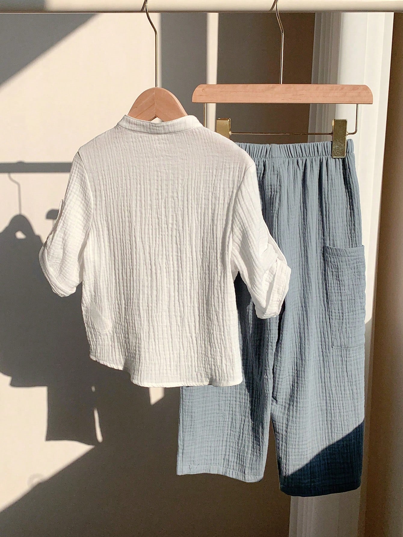 Baby Boy White Gauze Shirt and Blue Pants Set – Soft Breathable Casual Summer Outfit