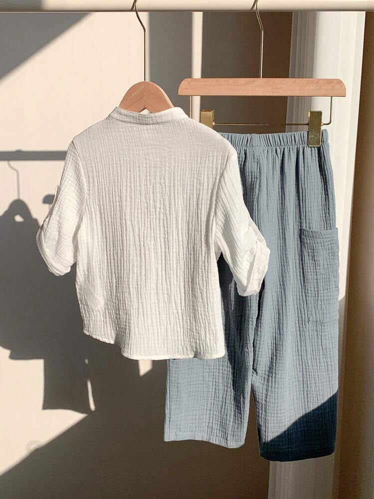 Boys White Cotton Gauze Shirt & Dusty Blue Pants Set – Casual Summer 2 Piece Outfit – Soft Breathable Kids Matching Set