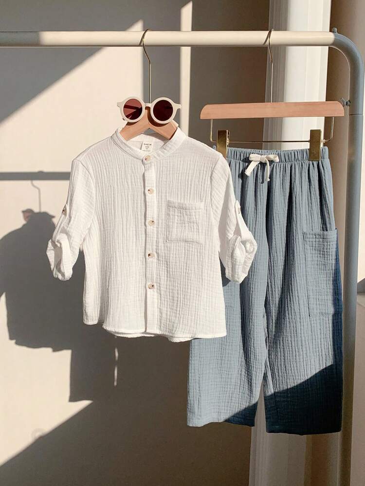 Boys White Cotton Gauze Shirt & Dusty Blue Pants Set – Casual Summer 2 Piece Outfit – Soft Breathable Kids Matching Set