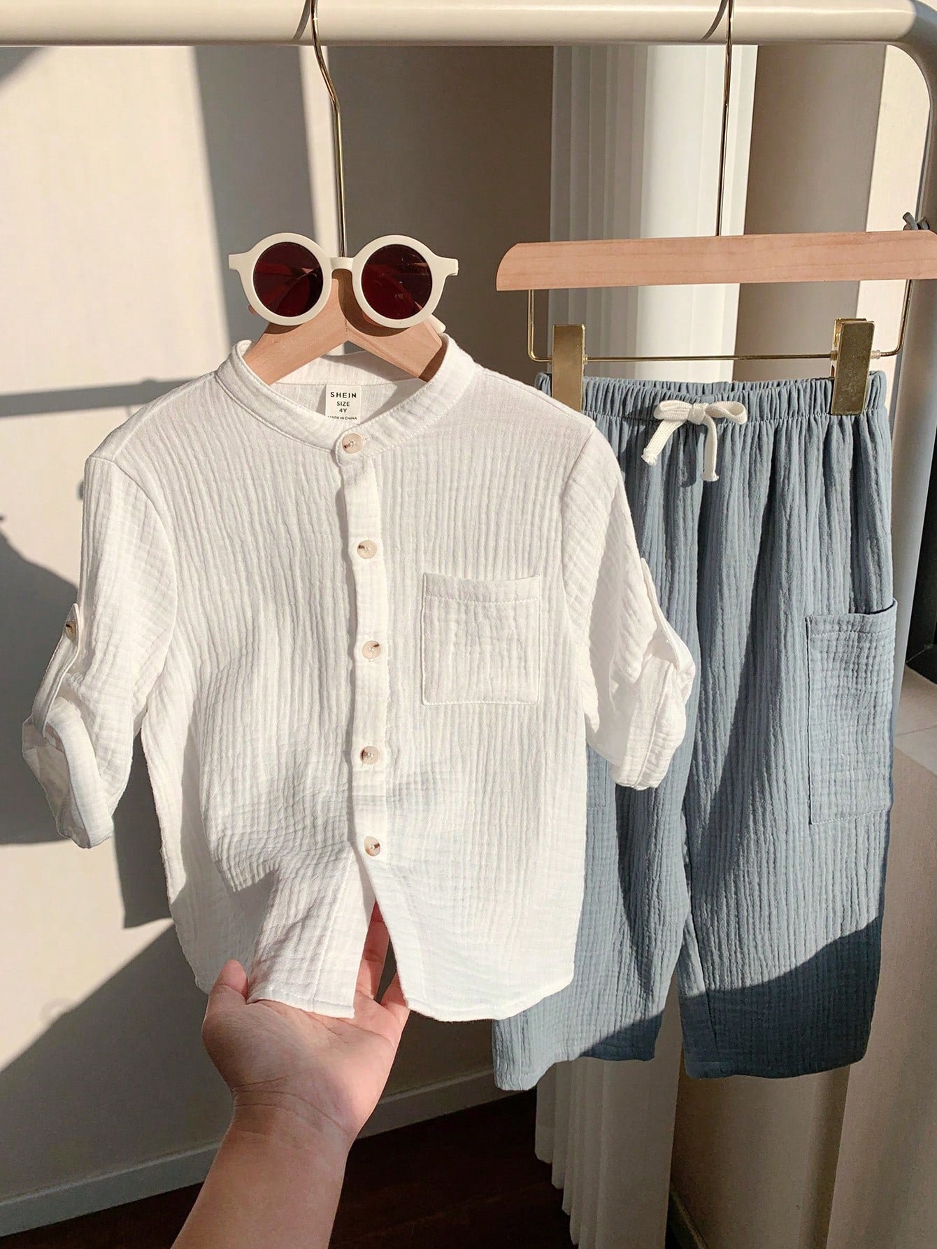 Baby Boy White Gauze Shirt and Blue Pants Set – Soft Breathable Casual Summer Outfit