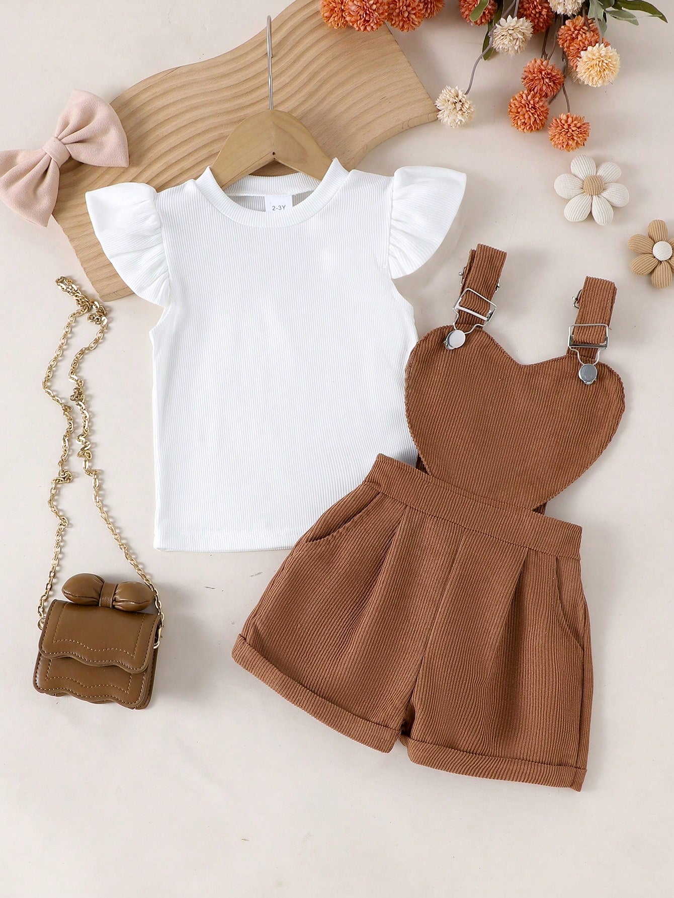 Girls Brown Heart Bib Shorts & White Flutter Sleeve Top Set