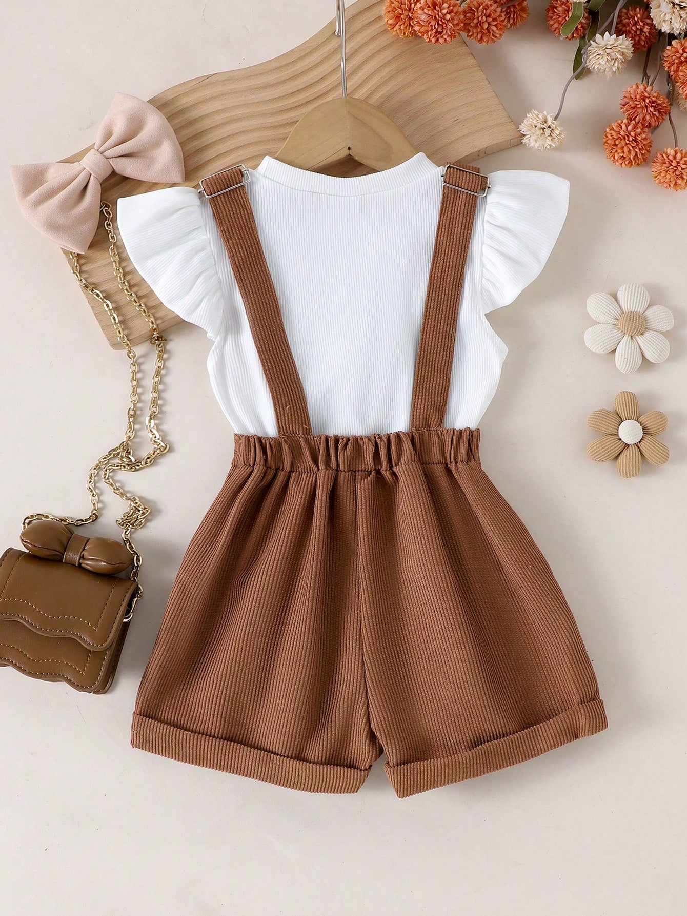 Girls Brown Heart Bib Shorts & White Flutter Sleeve Top Set