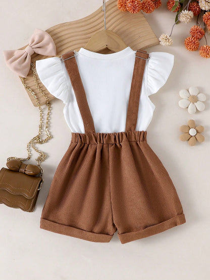 Girls Brown Heart Bib Shorts & White Flutter Sleeve Top Set