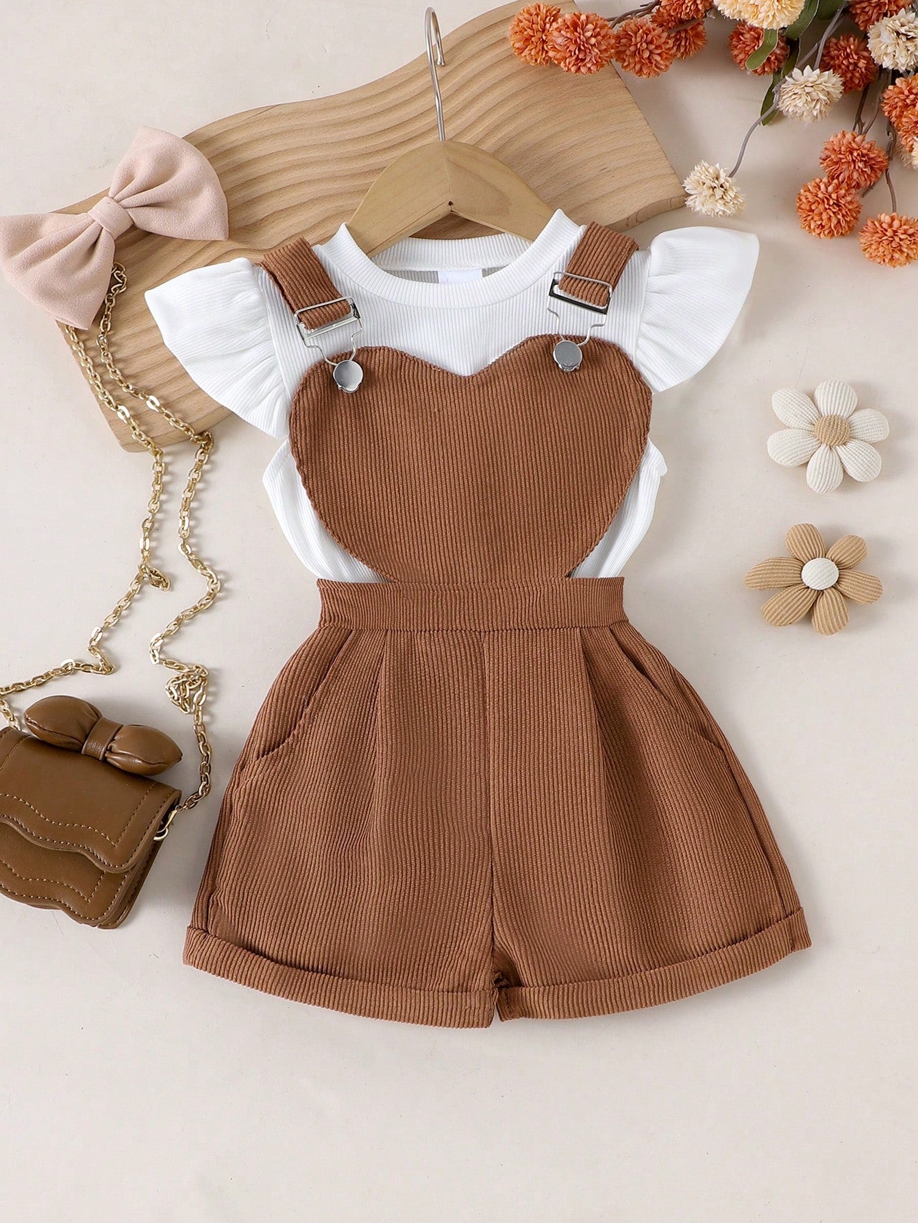 Girls Brown Heart Bib Shorts & White Flutter Sleeve Top Set