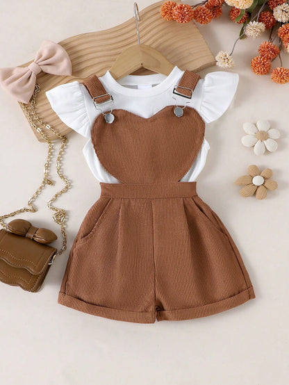 Girls Brown Heart Bib Shorts & White Flutter Sleeve Top Set