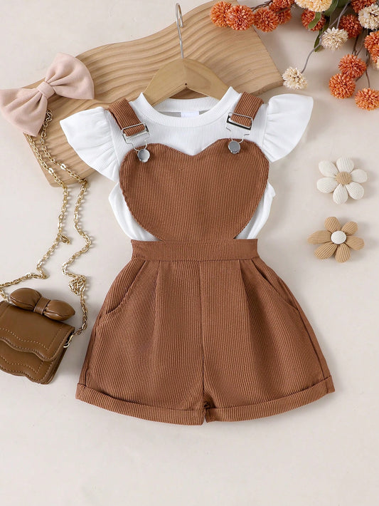 Girls Brown Heart Bib Shorts & White Flutter Sleeve Top Set