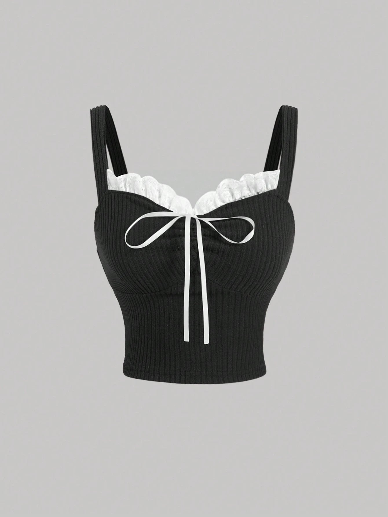 SHEIN Women’s Black Ribbed Lace Trim Bow Cami Top