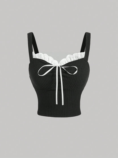 SHEIN Women’s Black Ribbed Lace Trim Bow Cami Top