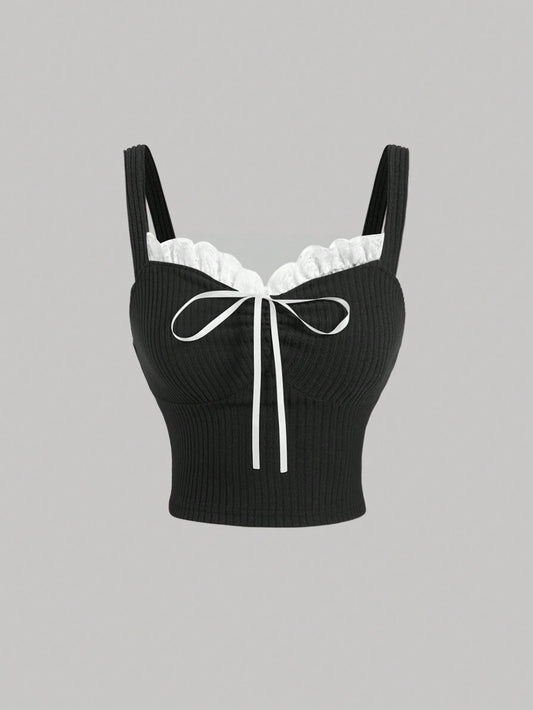 SHEIN Women’s Black Ribbed Lace Trim Bow Cami Top