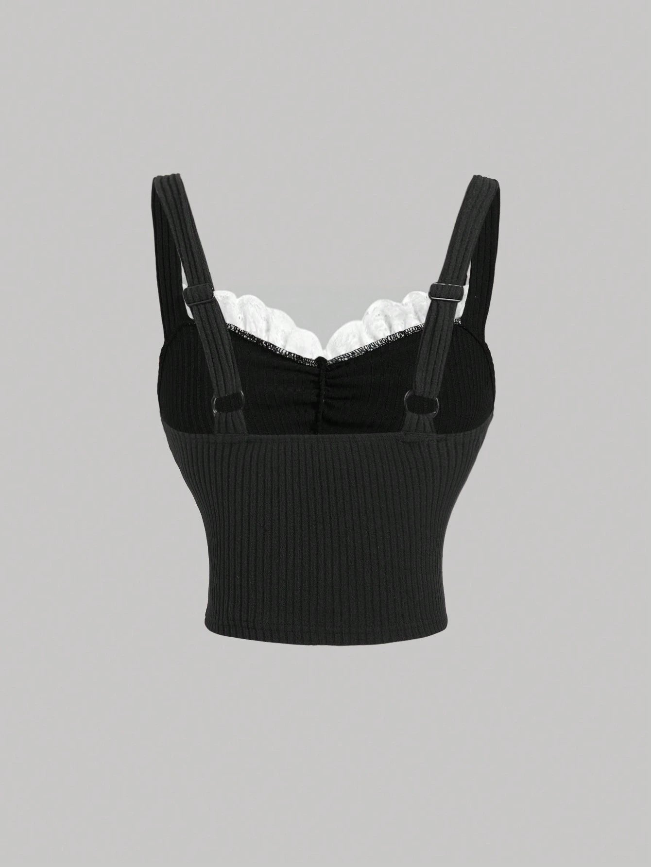 SHEIN Women’s Black Ribbed Lace Trim Bow Cami Top