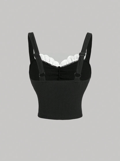SHEIN Women’s Black Ribbed Lace Trim Bow Cami Top
