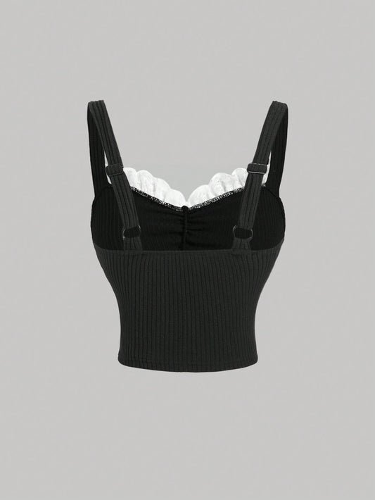 SHEIN Women’s Black Ribbed Lace Trim Bow Cami Top