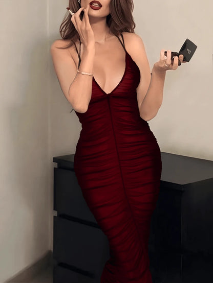 Red Ruched Mesh Bodycon Maxi Dress – Deep V Sleeveless Evening Party Dress for Women