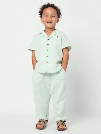 Boys Mint Green Cotton Gauze Shirt & Pants Set – Short Sleeve Button Front Summer Outfit – Soft Casual 2 Piece Kids Set