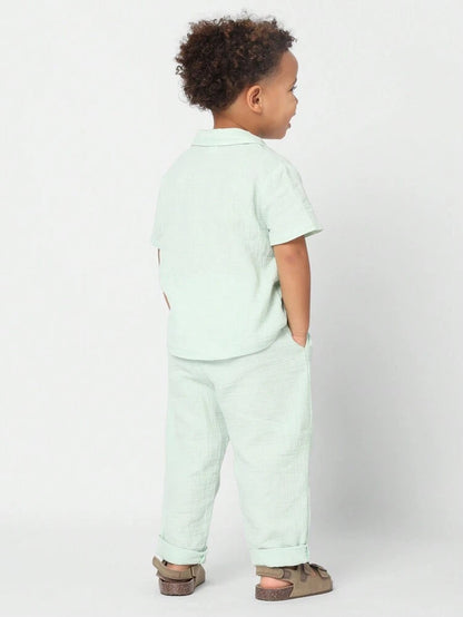 Boys Mint Green Cotton Gauze Shirt & Pants Set – Short Sleeve Button Front Summer Outfit – Soft Casual 2 Piece Kids Set